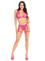2 pc deep-v lace bra top with cross back detail and panty with attached garters Magenta by Leg Avenu