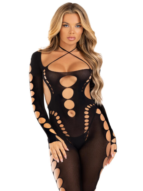 Opaque Cut Out Footless Bodystocking - One Size - Black By Leg Avenue
