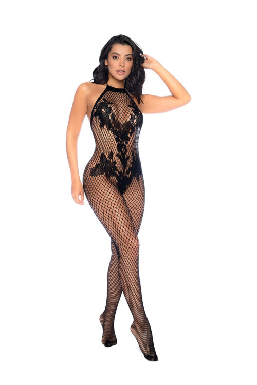 Vino Noir Floral Fishnet Bodystocking - Os - Cherry Black By Mapale
