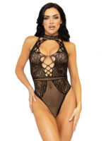 net and lace keyhole halter bodysuit - one size - black by Leg Avenue
