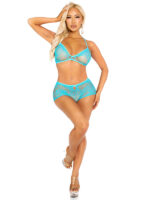 2 pc lace bra top and keyhole back boyshorts o/s - neon pink Turquoise by Leg Avenue