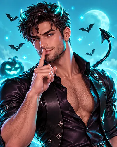 Man in a teal neon devil costume with horns, holding a finger to his lips