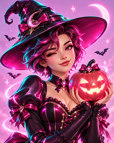 Smiling woman in a pink neon witch costume winking and holding a glowing jack-o'-lantern