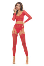 clit stimulation Permanent Mark Long Sleeve Top and Garter Bodystocking Black Red by Rene Rofe