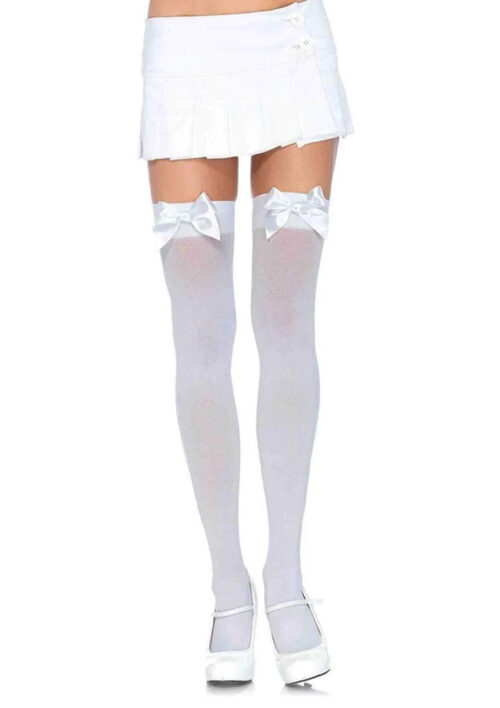 Opaque Thigh Highs With Satin Bow Accent White By Leg Avenue
