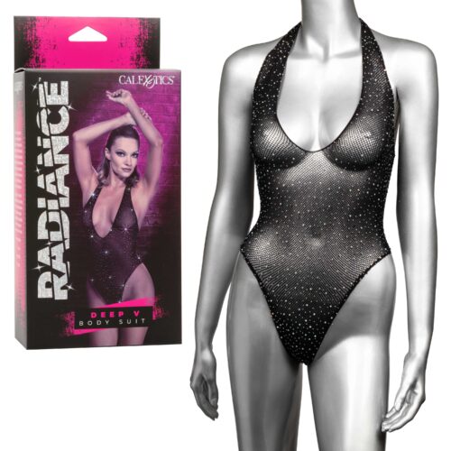 Sheer Mesh Crystal Bodysuit - Os - Black Radiance Deep V Body Suit By Calexotics